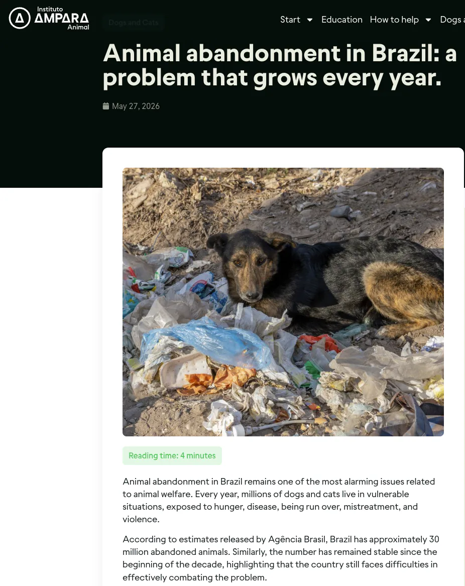 Screenshot of the Instituto Ampara Animal article “Animal abandonment in Brazil: a problem that grows every year”, published on May 27, 2026, with a photo of an abandoned dog lying in a pile of trash. The opening paragraphs say millions of dogs and cats live in vulnerable situations every year, and cite Agência Brasil estimates of roughly 30 million abandoned animals in Brazil.